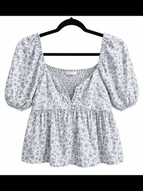 Lush Light Blue Floral Crop Peasant Top